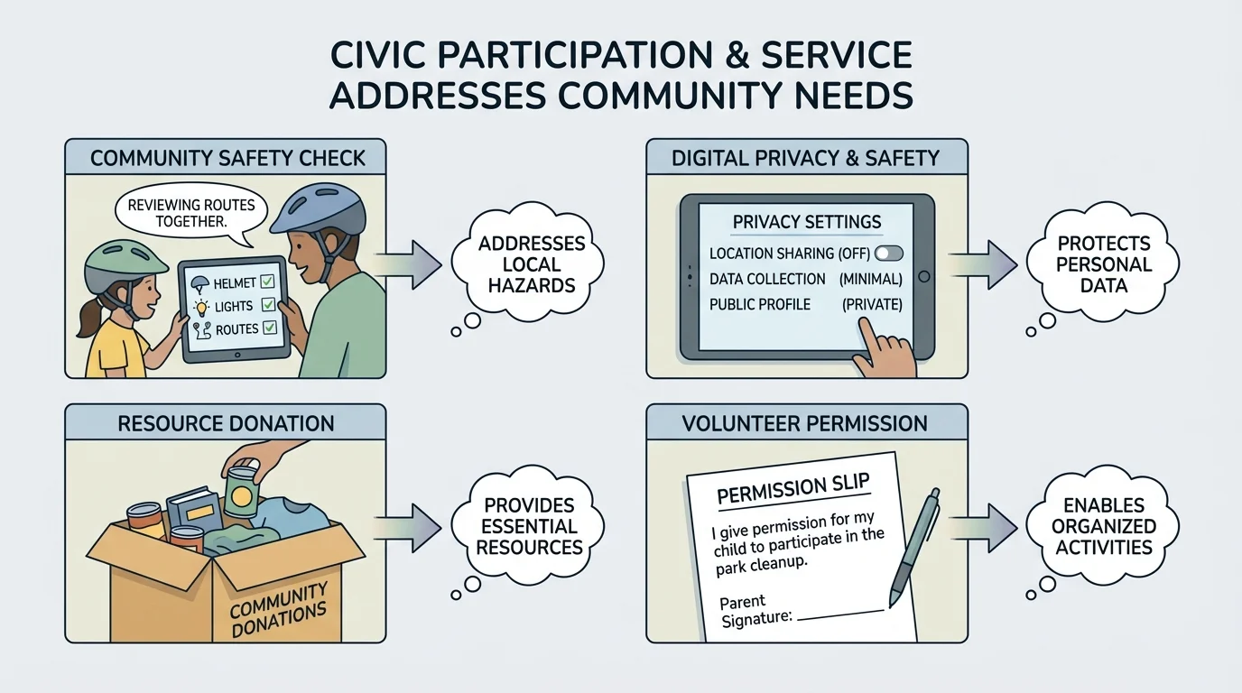 child using a safety checklist with parent message, privacy settings on a device, labeled donation box, and permission note