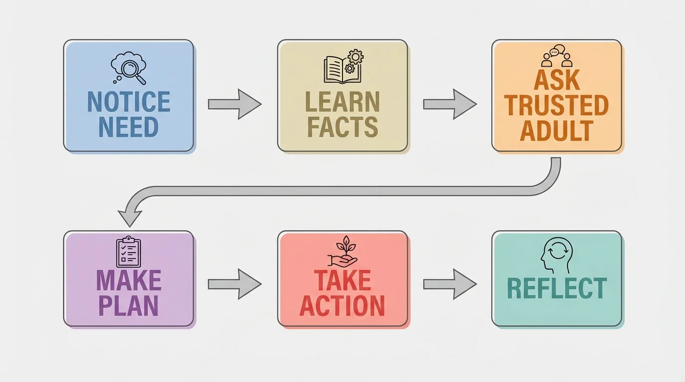 flowchart with boxes labeled notice need, learn facts, ask trusted adult, make plan, take action, reflect