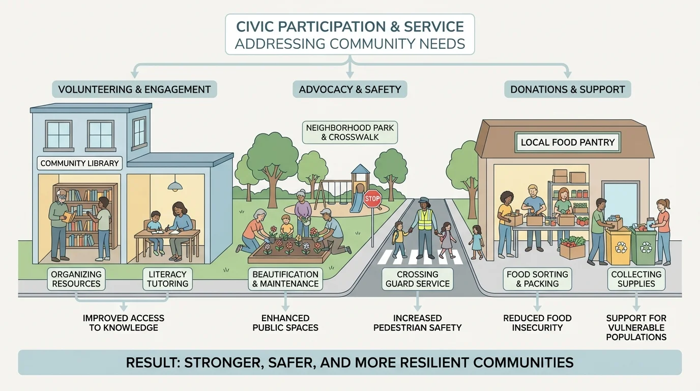 neighborhood scene with library, park, food pantry, crosswalk, and people of different ages noticing community needs and helping