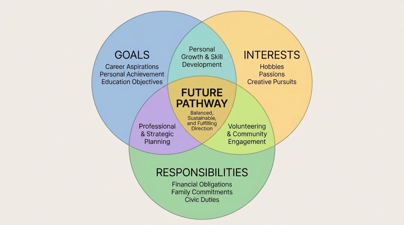 Venn-style diagram with three overlapping circles labeled goals, interests, and responsibilities, with the center labeled future pathway