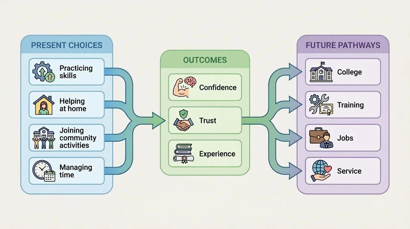 Flowchart showing present choices such as practicing skills, helping at home, joining community activities, and managing time leading to confidence, trust, experience, and then future pathways like college, training, jobs, and service