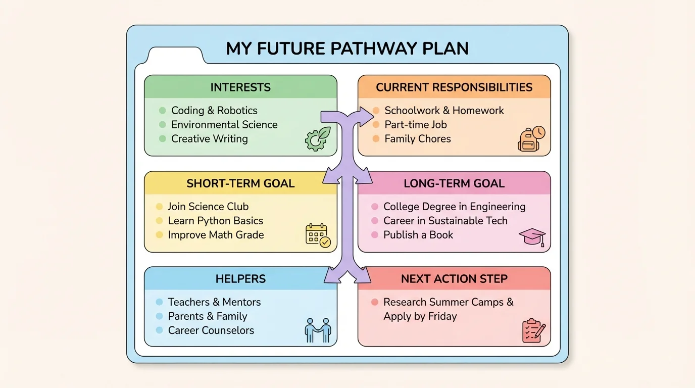 Student planning sheet with labeled boxes for interests, current responsibilities, short-term goal, long-term goal, helpers, and next action step
