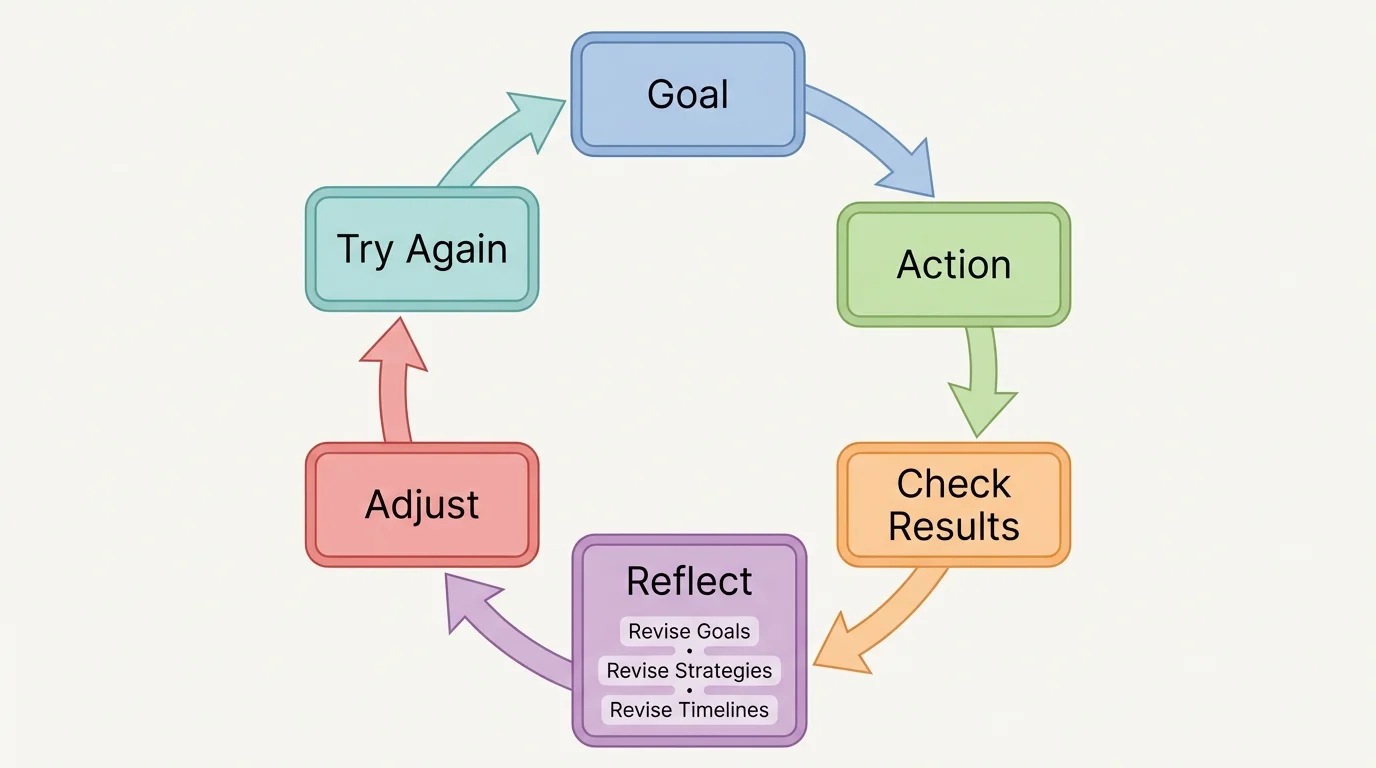 Flowchart of a student goal-setting cycle with boxes labeled goal, action, check results, reflect, adjust, and try again