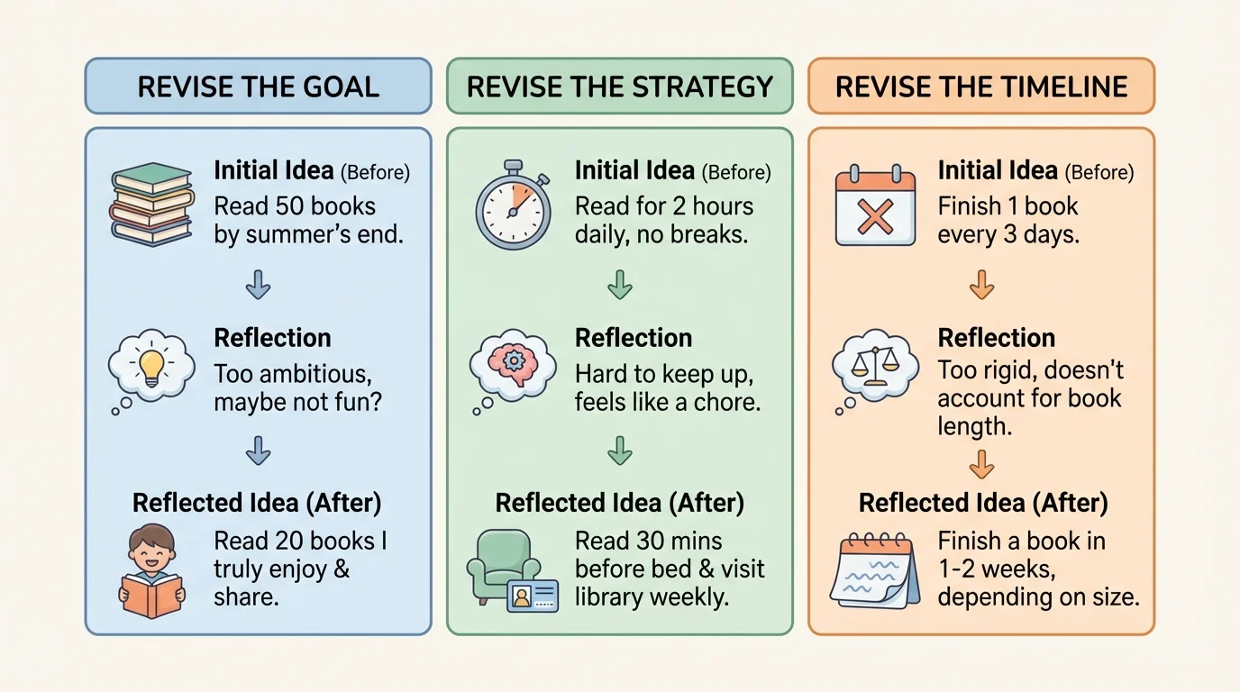 Chart with three columns labeled revise the goal, revise the strategy, and revise the timeline, each with a child-friendly example
