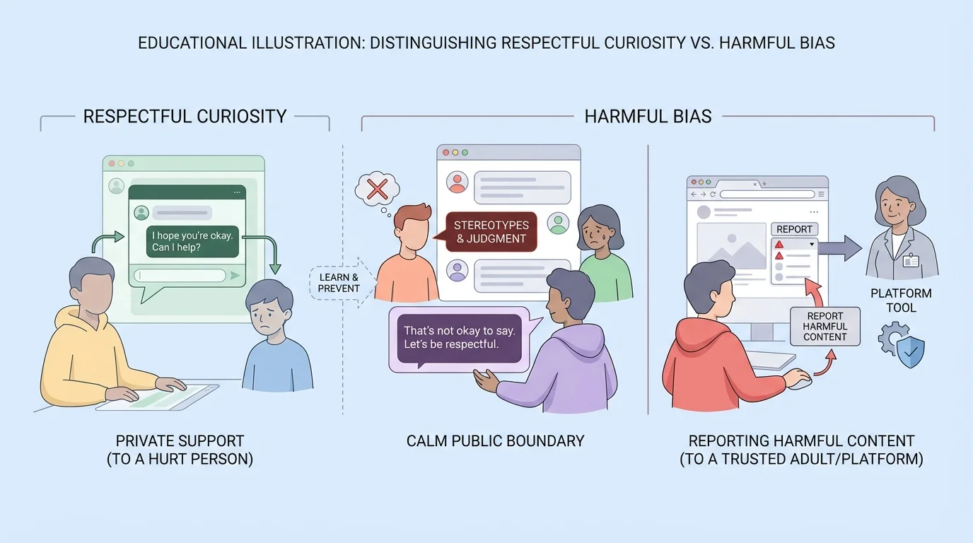 three online response scenes showing private support message to a hurt person, calm public message setting a boundary, and reporting harmful content to a trusted adult or platform tool