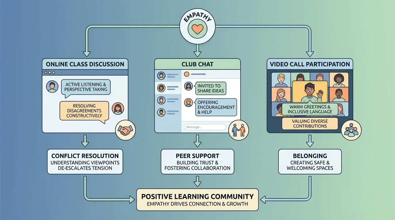 Online class discussion and club chat where a student is invited to share, greeted warmly, and included in messages and video call participation