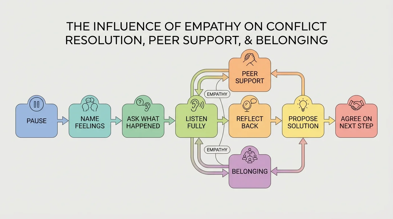 Conflict resolution flowchart with boxes labeled pause, name feelings, ask what happened, listen fully, reflect back, propose solution, agree on next step