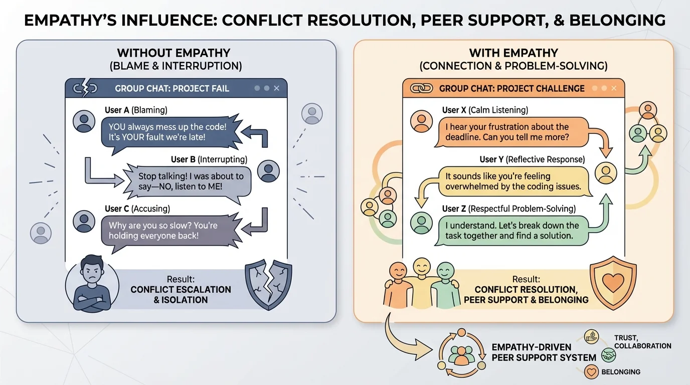 Side-by-side online group chat conflict, left side showing blaming and interrupting messages, right side showing calm listening, reflective responses, and respectful problem-solving