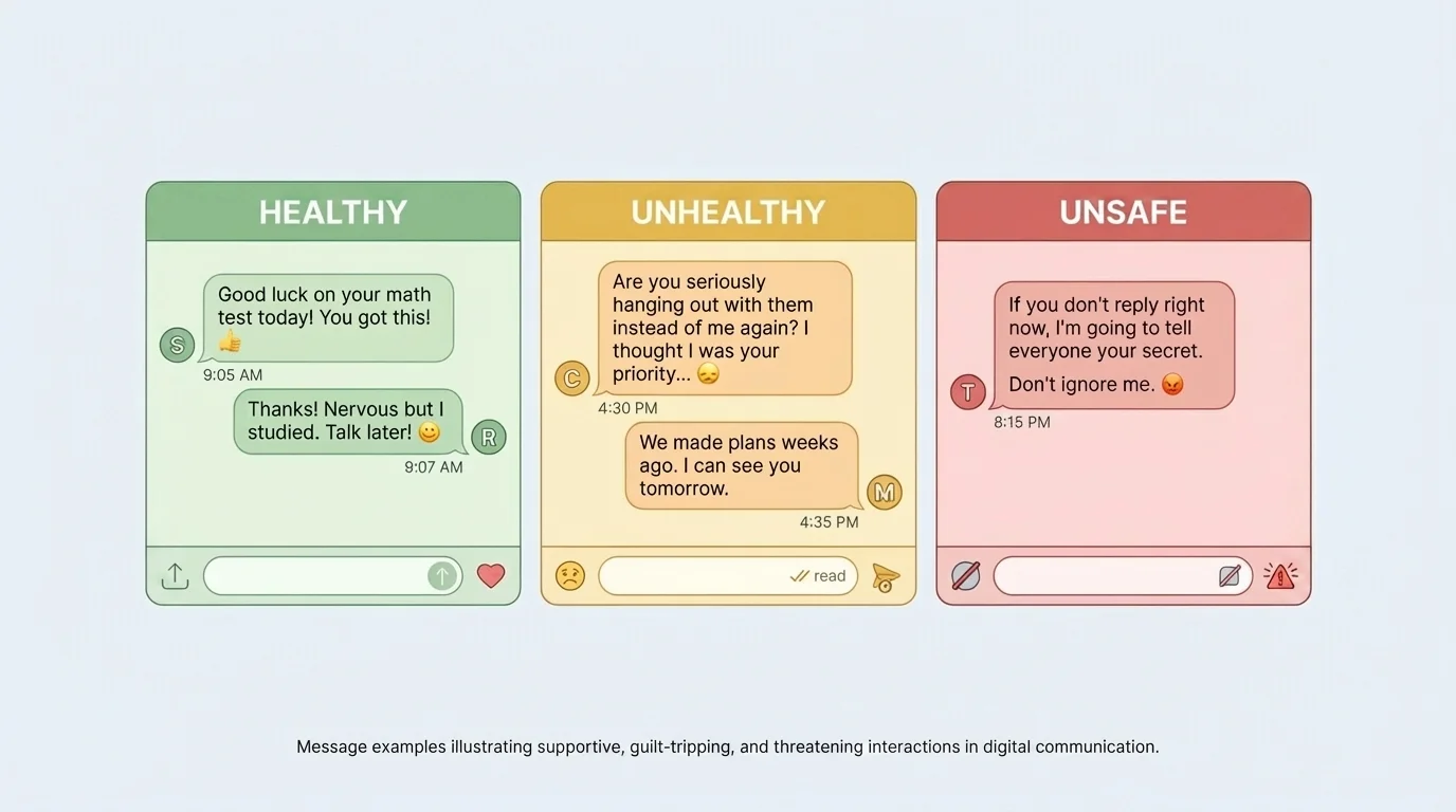phone screen with three message examples labeled healthy, unhealthy, and unsafe, showing supportive texting, guilt-tripping, and threatening messages