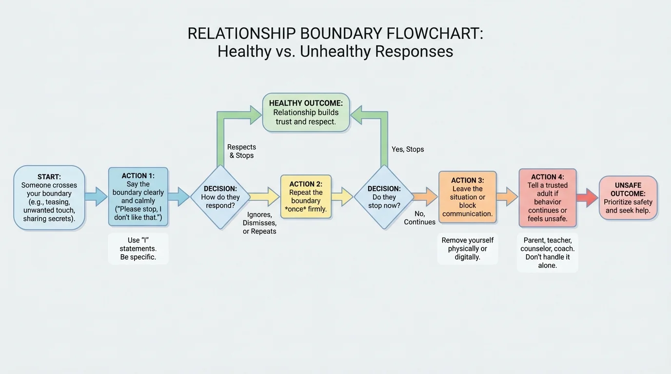 flowchart showing say the boundary, notice response, repeat once, leave or block if ignored, and tell a trusted adult if the behavior continues or feels unsafe