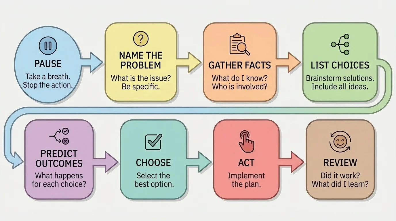 flowchart showing steps pause, name the problem, gather facts, list choices, predict outcomes, choose, act, review