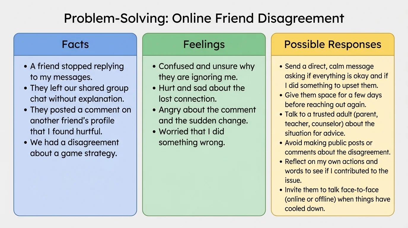 chart with three columns labeled facts, feelings, and possible responses for an online friend disagreement