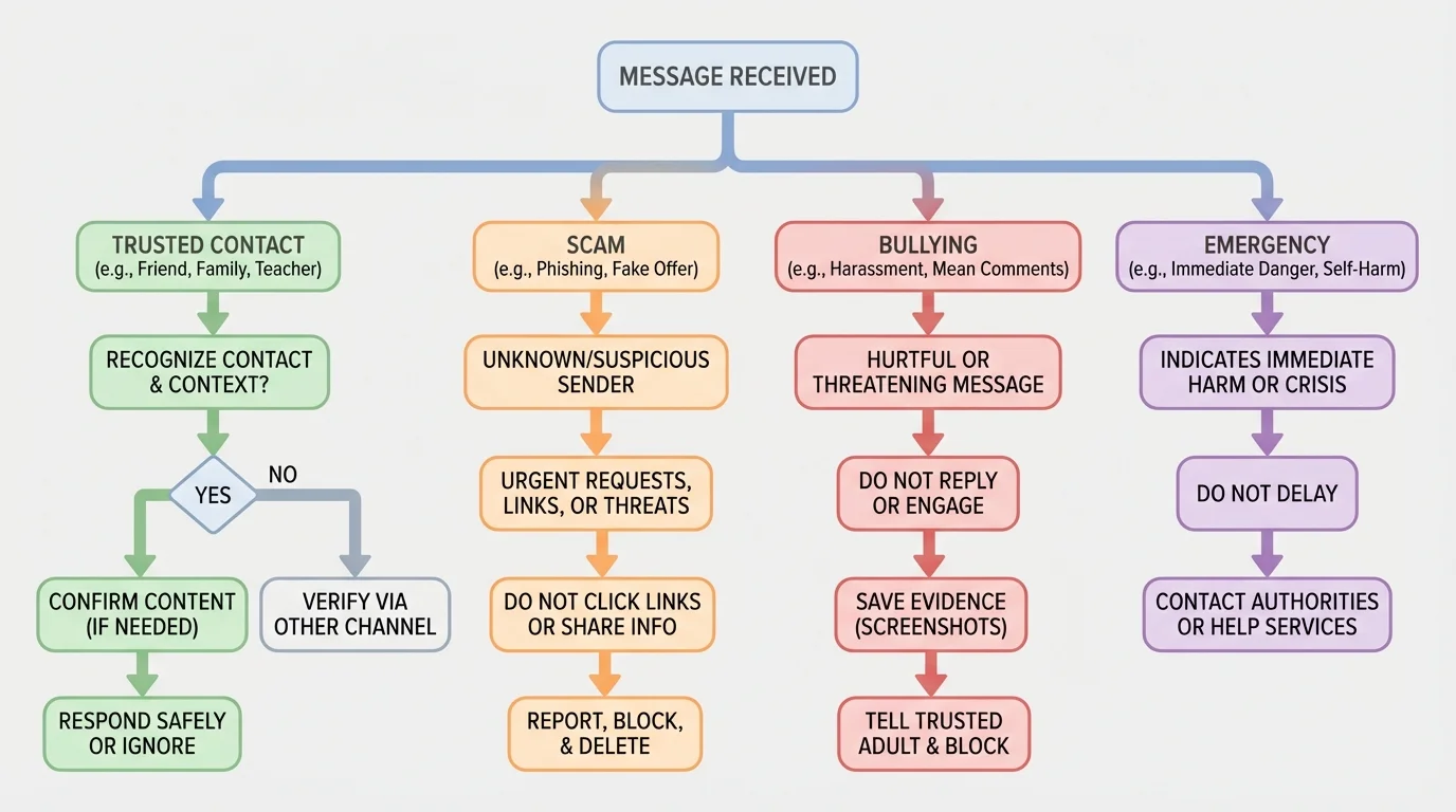 flowchart for online safety choices starting with message received and branching to trusted contact, scam, bullying, or emergency