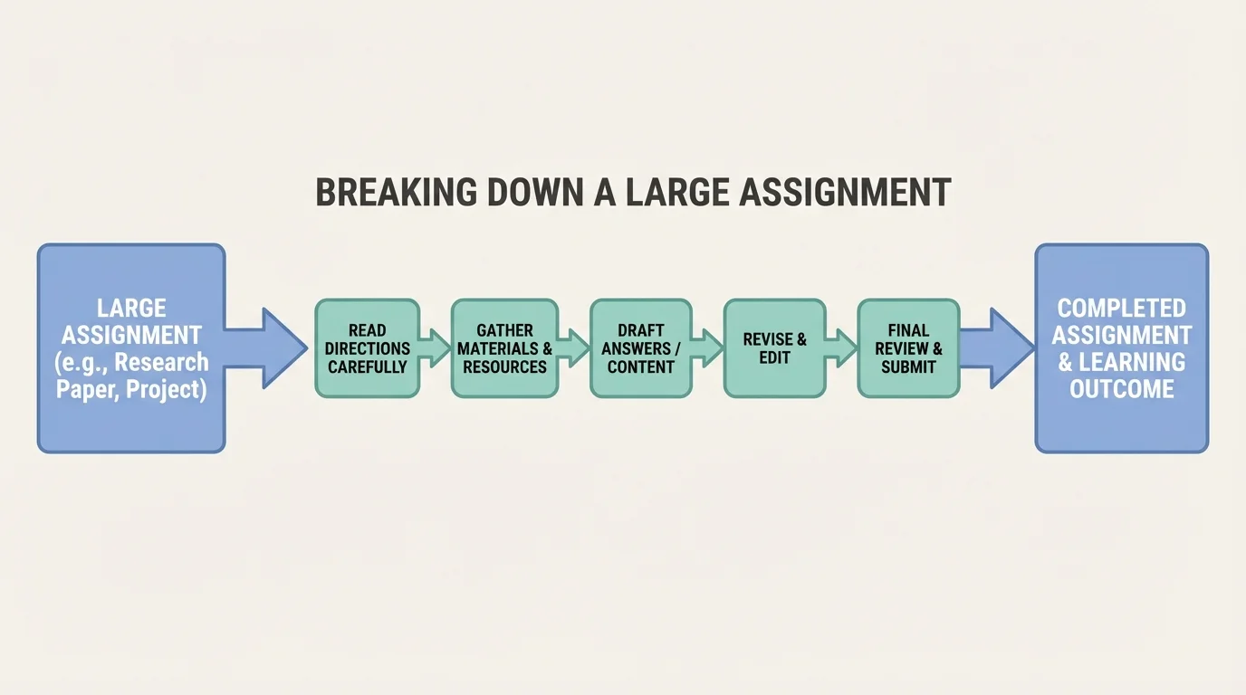 Flowchart showing one big assignment split into smaller tasks such as read directions, gather materials, draft answers, revise, and submit