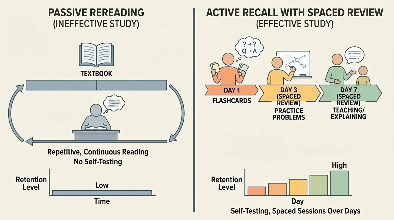 Simple comparison chart showing passive rereading on one side and active recall with spaced review sessions across several days on the other