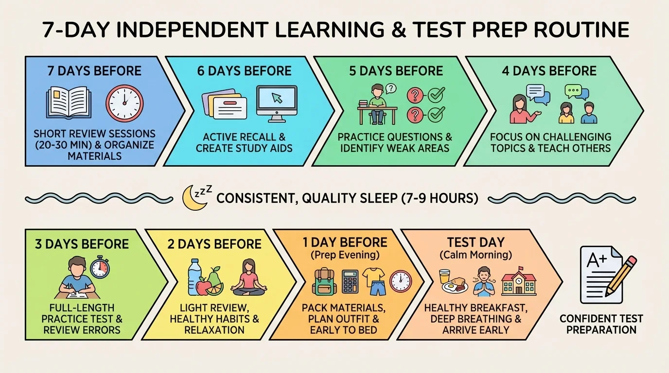 Timeline from seven days before a test to test day showing review sessions, practice questions, sleep, packing materials, and calm morning routine