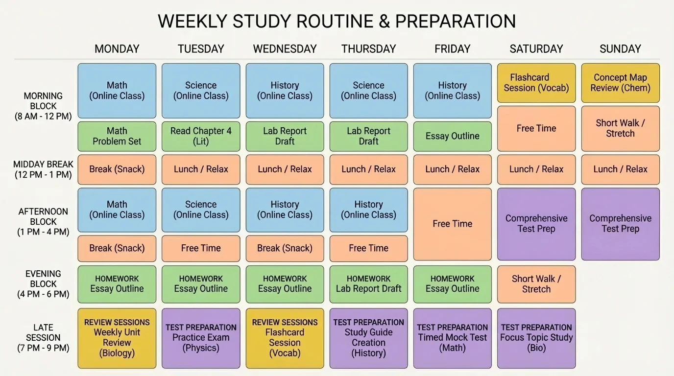 Weekly student schedule with color-coded blocks for online classes, homework, review sessions, break time, and test preparation