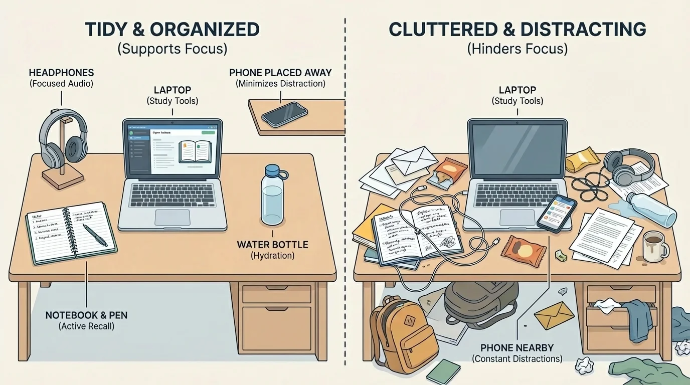 Study area at home with laptop, notebook, water bottle, headphones, phone placed away, and a tidy versus cluttered side-by-side comparison