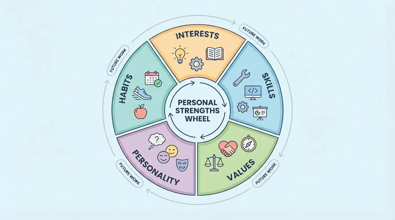 diagram of a personal strengths wheel divided into interests, skills, values, personality, and habits with simple icons