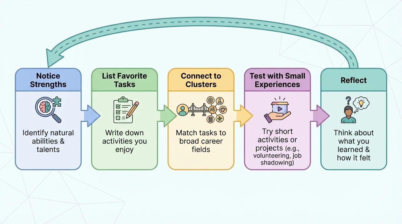 flowchart showing steps: notice strengths, list favorite tasks, connect to clusters, test with small experiences, reflect