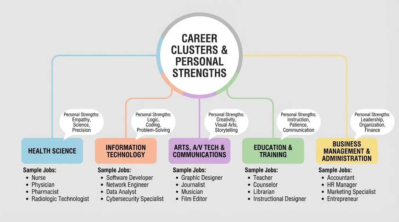 chart showing several career clusters with sample jobs under each, such as health science, information technology, arts, education, and business