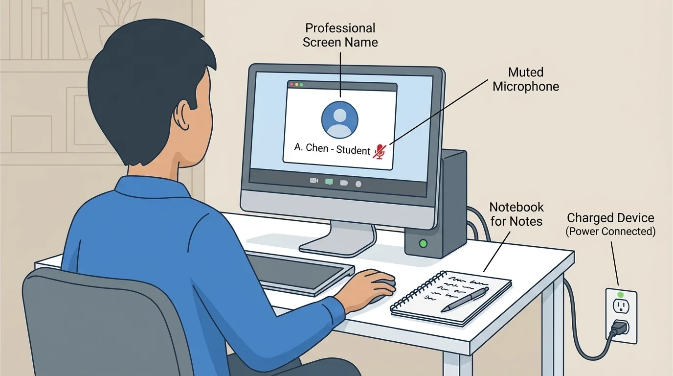 illustration of a student at a computer with muted mic, neutral background, charged device, notebook, and appropriate screen name