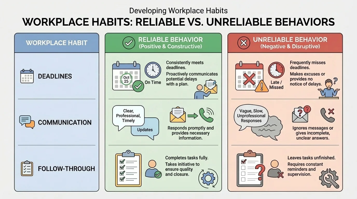 chart comparing reliable vs unreliable behaviors for deadlines, communication, and follow-through