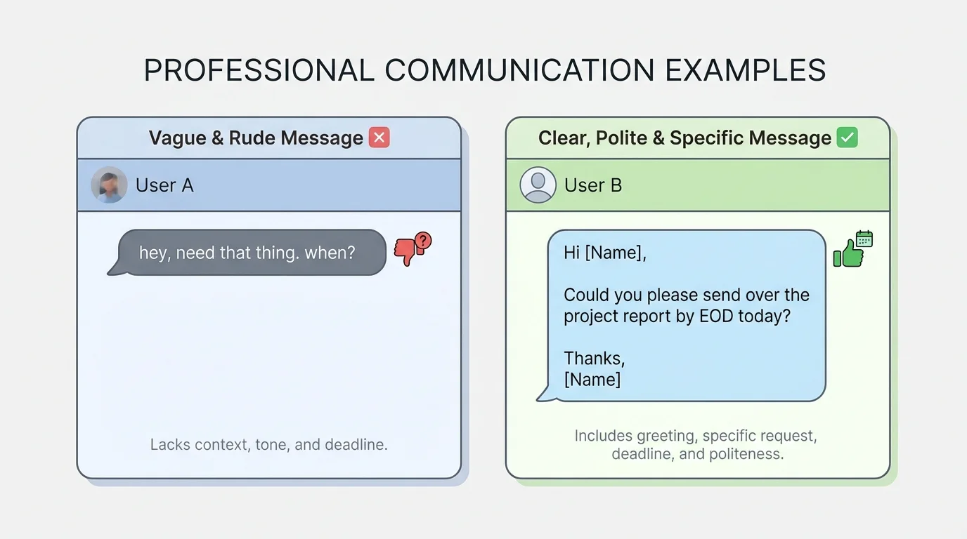 illustration of two online chat messages side by side, one vague and rude and one clear, polite, and specific