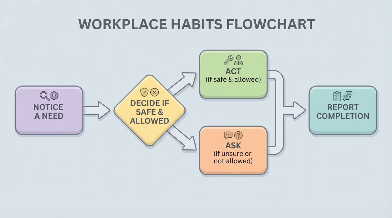 flowchart showing notice a need, decide if safe and allowed, act or ask, then report completion