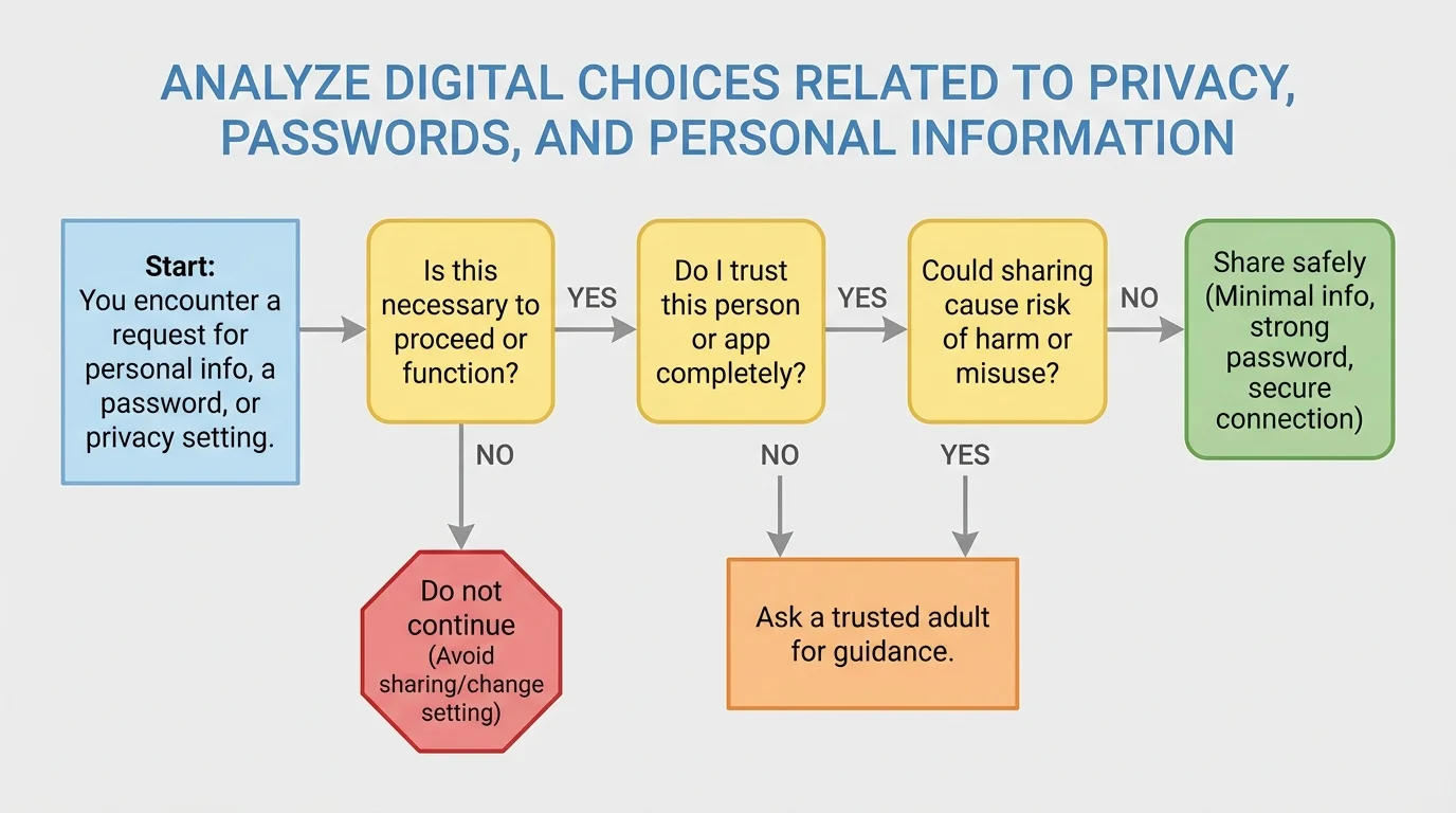 decision flowchart for digital choices with boxes asking Is this necessary, Do I trust this person or app, Could sharing cause risk, and endpoints Share safely, Ask a trusted adult, or Do not continue
