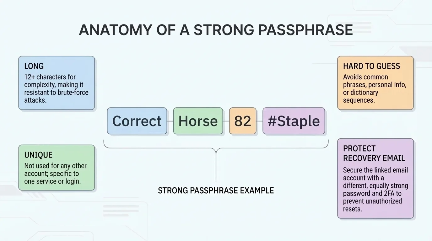 labeled diagram of a strong passphrase built from several random words plus numbers and a symbol, with side notes for long, unique, hard to guess, and protect recovery email