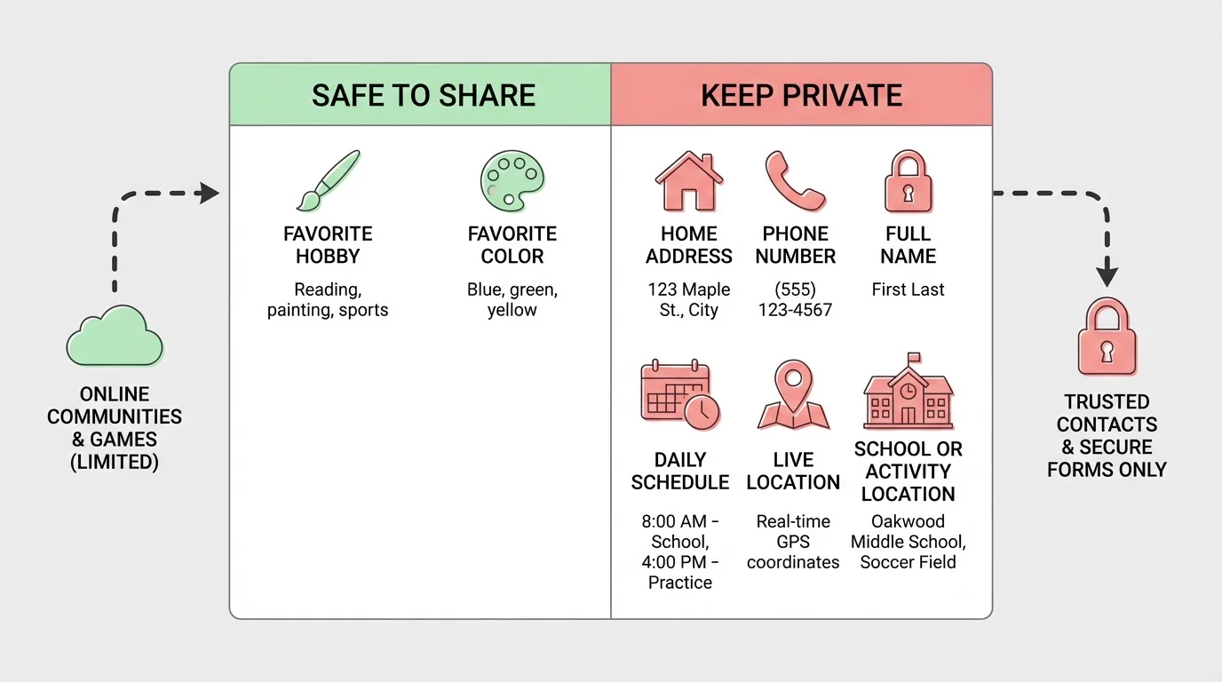 two-column comparison chart labeled safe to share and keep private, with examples such as favorite hobby, favorite color, full name, home address, phone number, daily schedule, live location, school or activity location