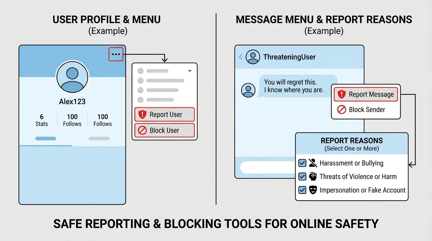 Diagram of a typical app profile and message menu highlighting report button, block option, and reasons like harassment, threats, impersonation