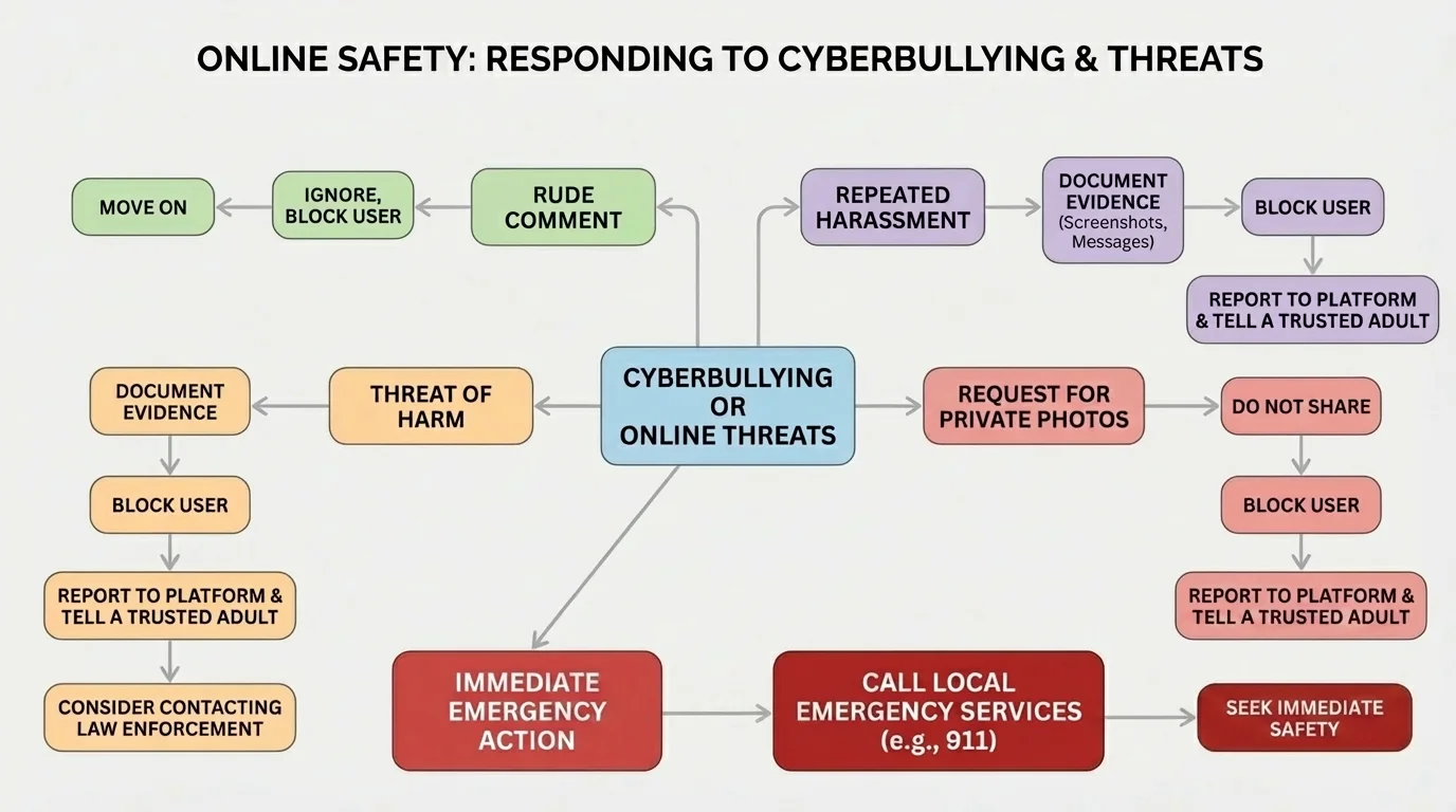 Flowchart with branches for rude comment, repeated harassment, threat of harm, request for private photos, and immediate emergency action