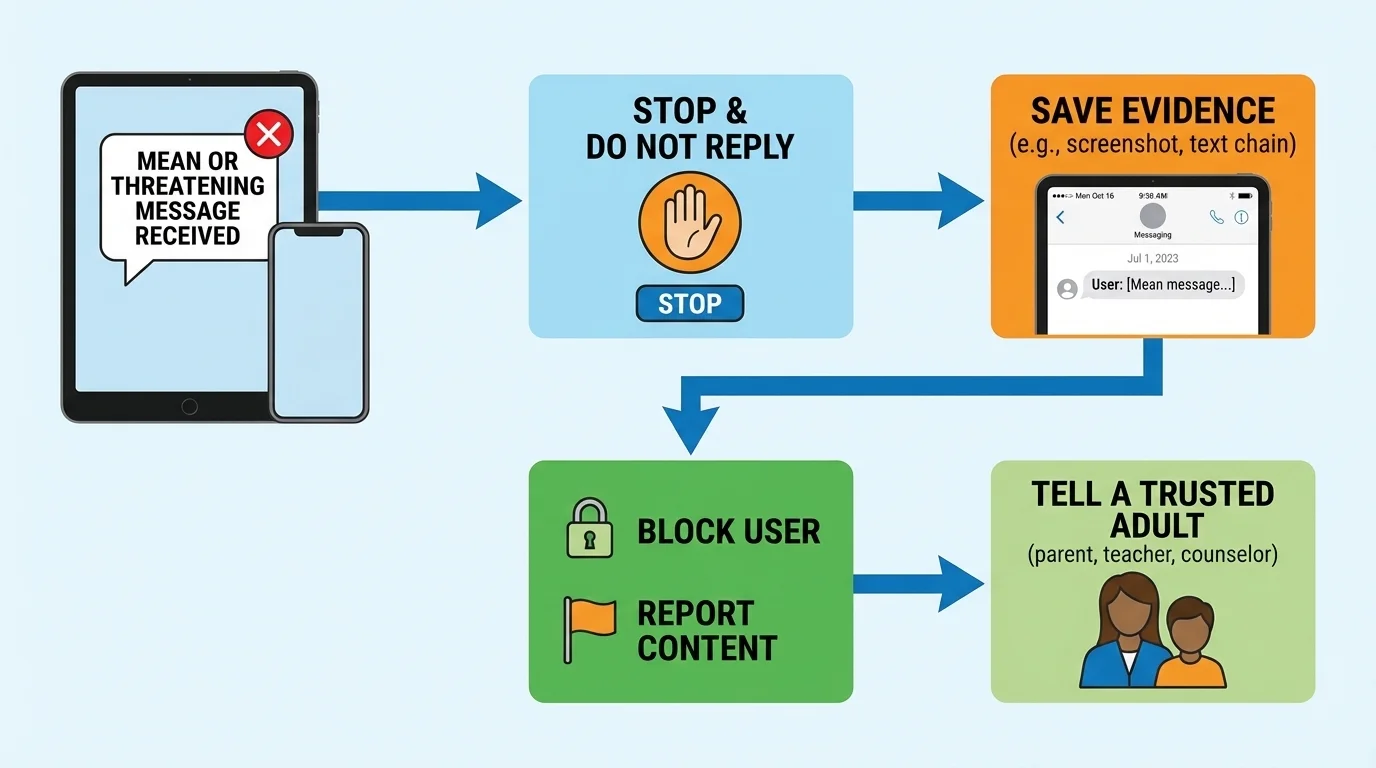 Flowchart of student receiving a mean or threatening message, then steps stop, do not reply, save evidence, block or report, tell trusted adult