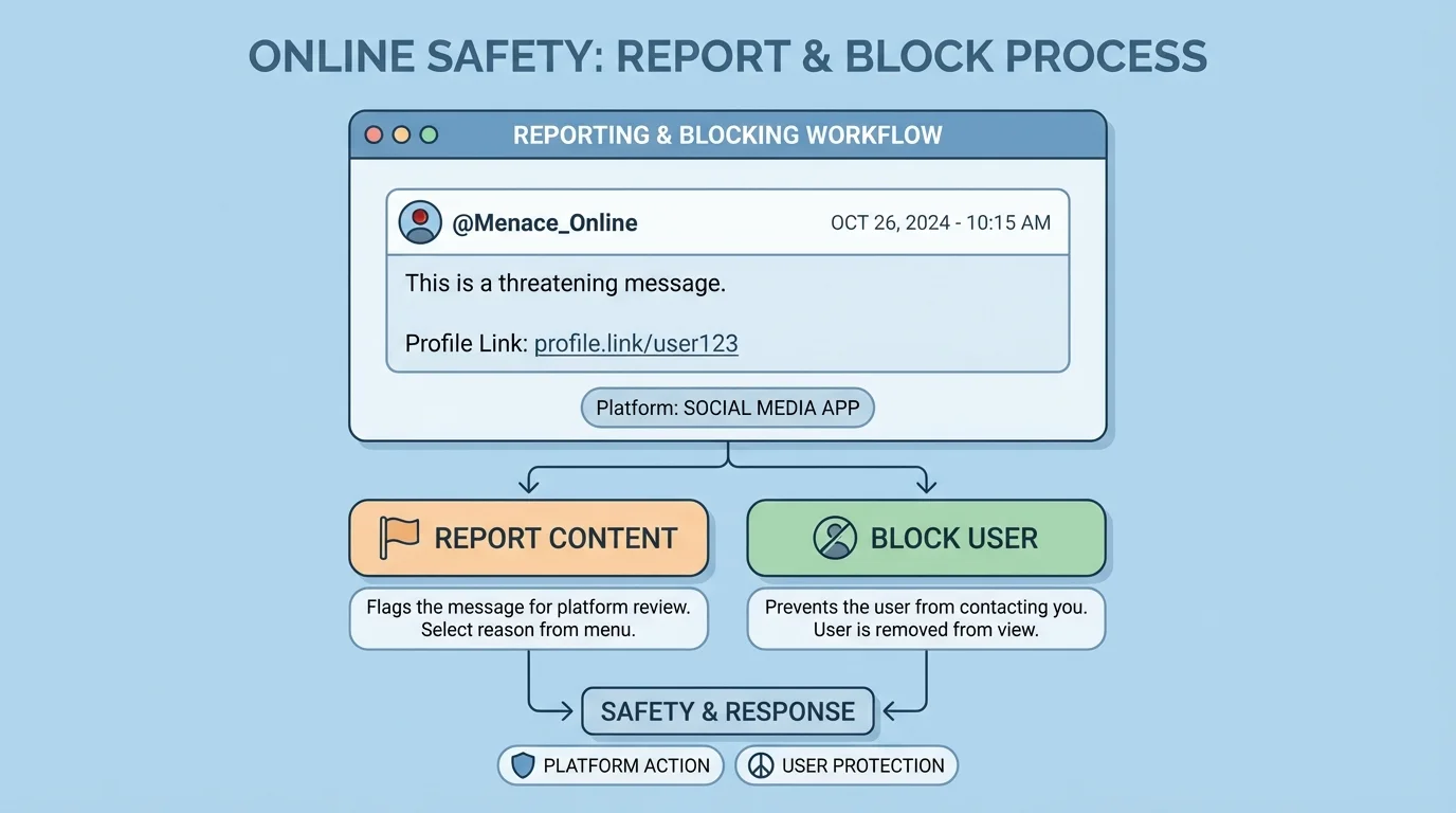 Chart showing screenshot with username, date, message text, profile link, and note of where it happened online