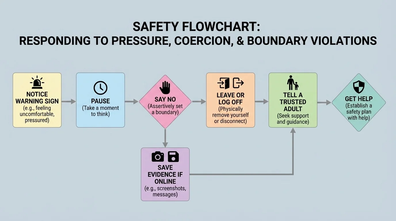 Simple safety flowchart: notice warning sign, pause, say no, leave or log off, save evidence if online, tell a trusted adult, get help