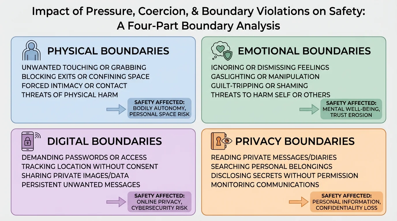 Four-part chart showing physical, emotional, digital, and privacy boundaries with short example actions in each box