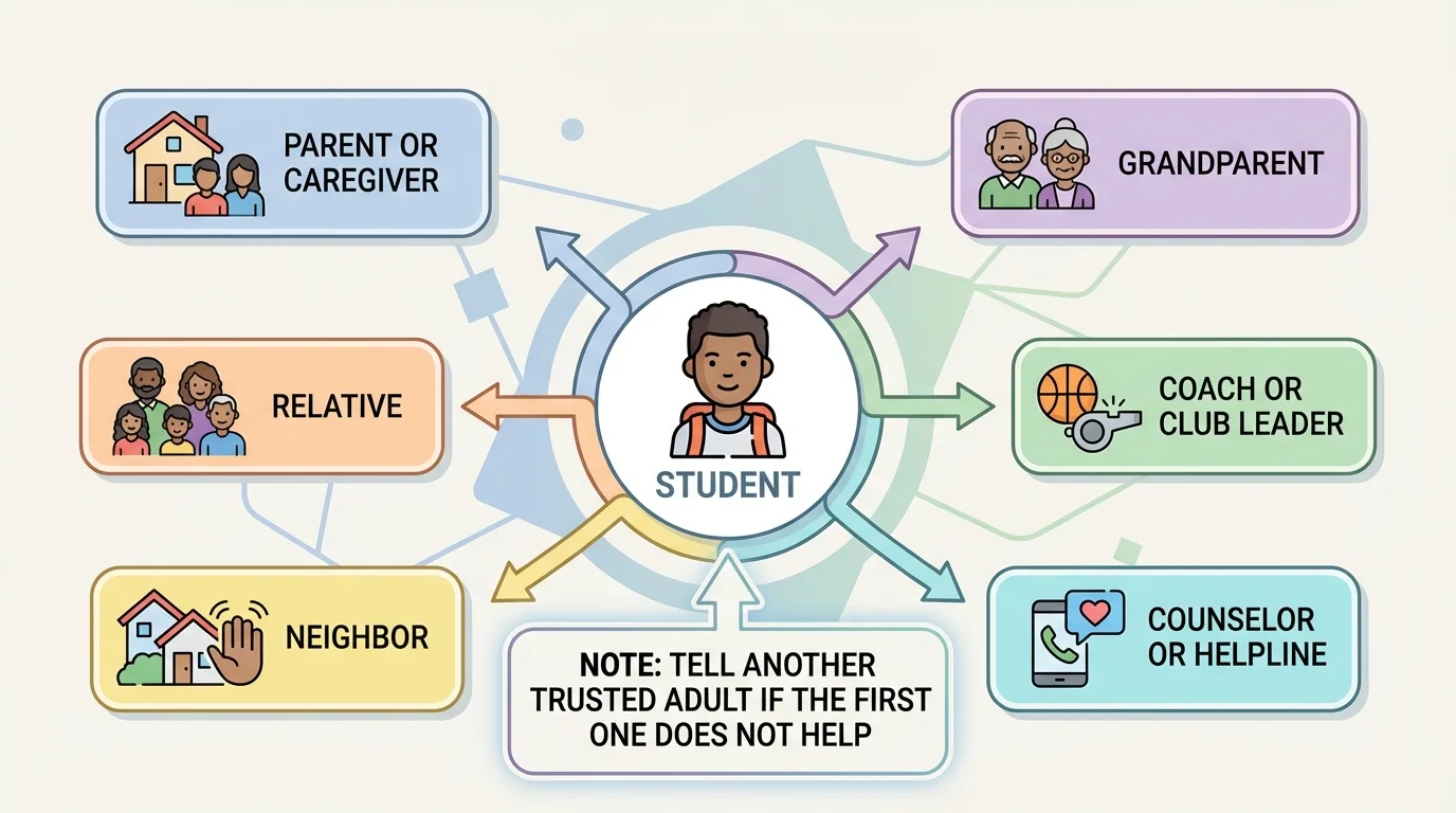 Chart with a student in the center connected to parent or caregiver, grandparent, relative, coach or club leader, neighbor, and counselor or helpline, with a note to tell another trusted adult if the first one does not help