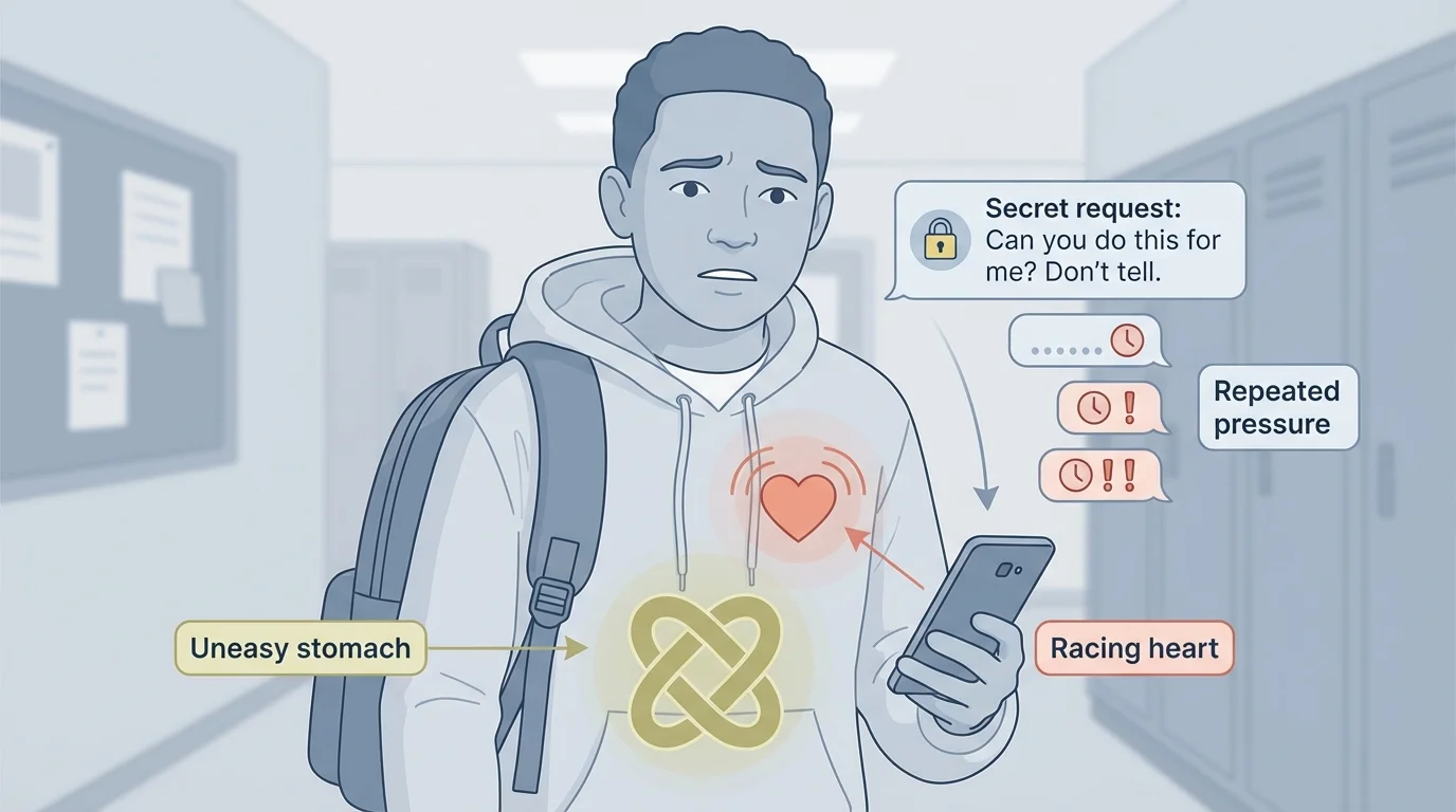Illustration of a student looking uneasy while receiving pressure-filled messages on a phone, with simple labels like uneasy stomach, racing heart, secret request, and repeated pressure