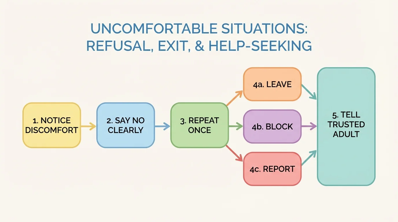 Flowchart showing steps notice discomfort to say no clearly to repeat once to leave or block or report to tell trusted adult