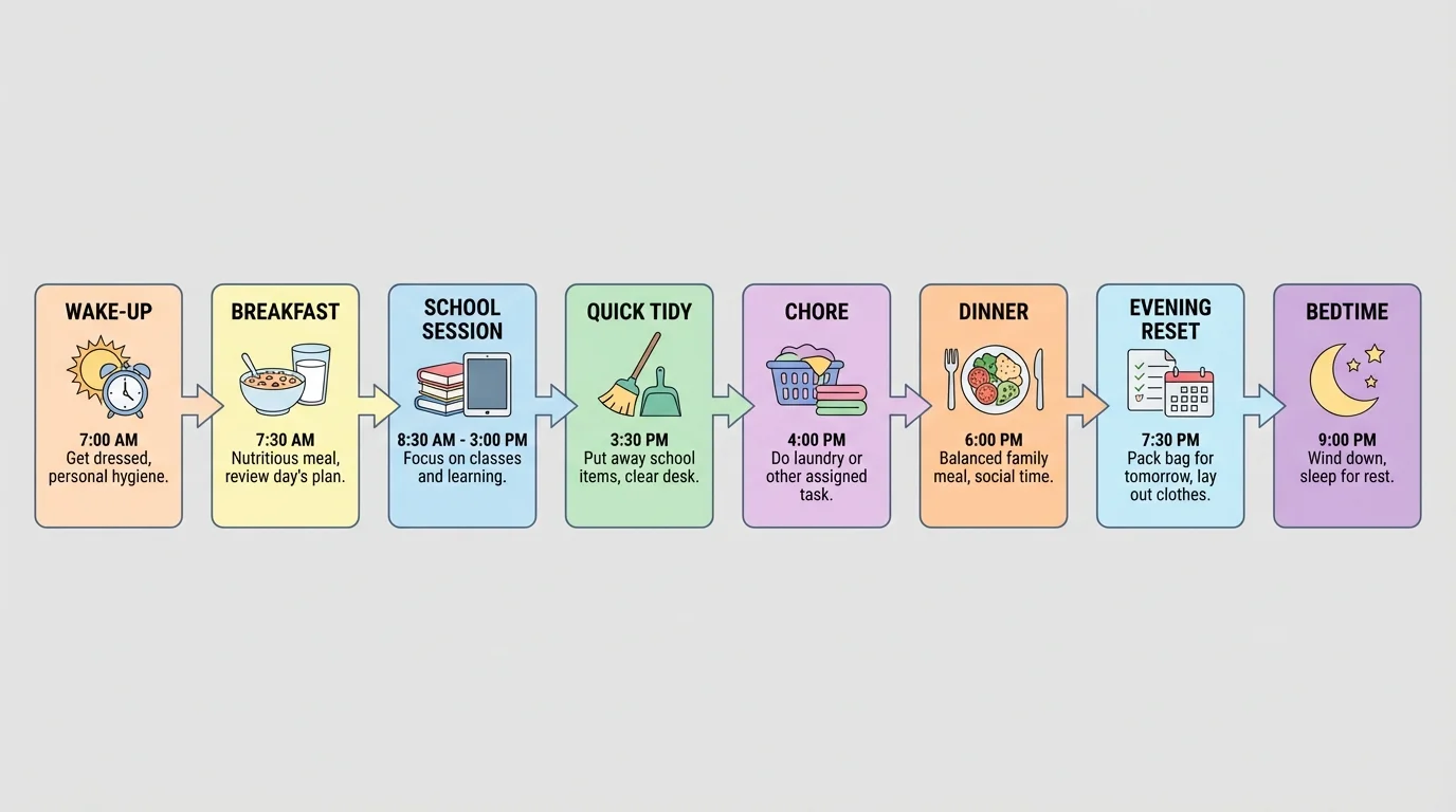 flowchart of a student's day with wake-up, breakfast, school session, quick tidy, chore, dinner, evening reset, and bedtime