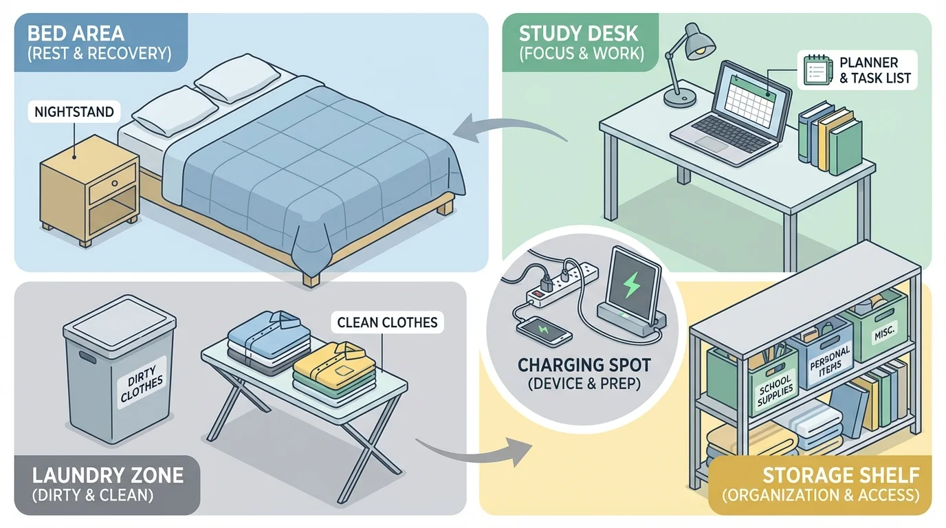 illustration of a room divided into zones for bed, desk, laundry hamper, shelf, and charging spot, showing tidy placement of items