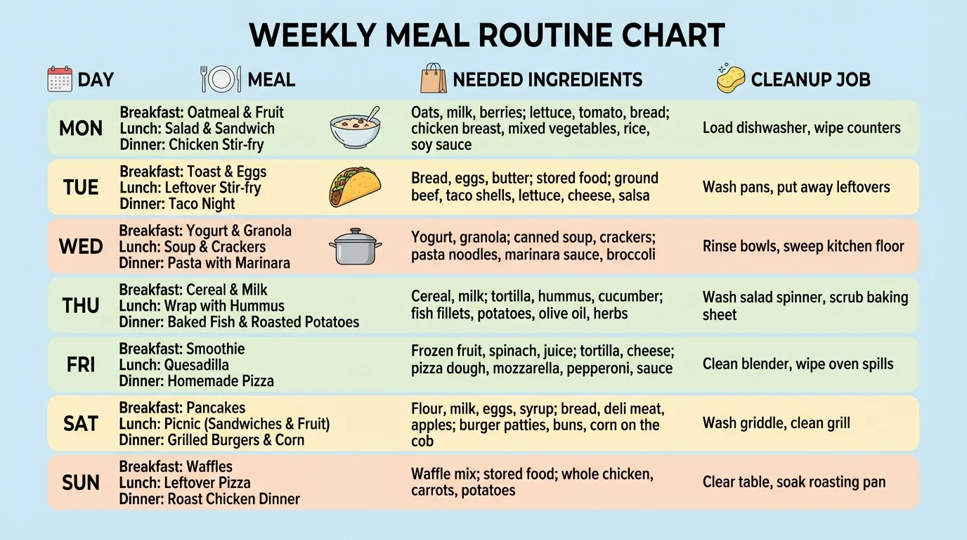 weekly meal routine chart with columns for day, meal, needed ingredients, and cleanup job