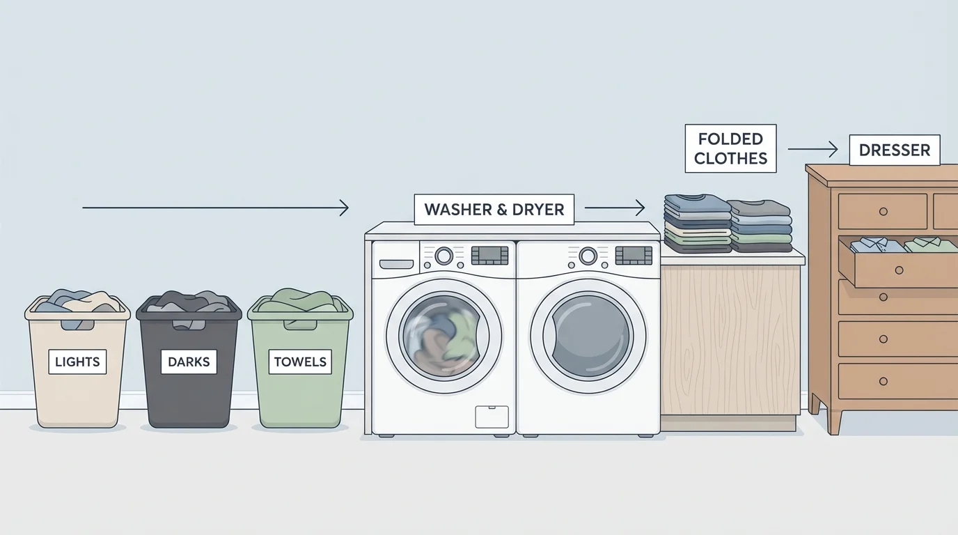 illustration showing three laundry baskets labeled lights, darks, and towels, plus washer, dryer, folded clothes, and dresser