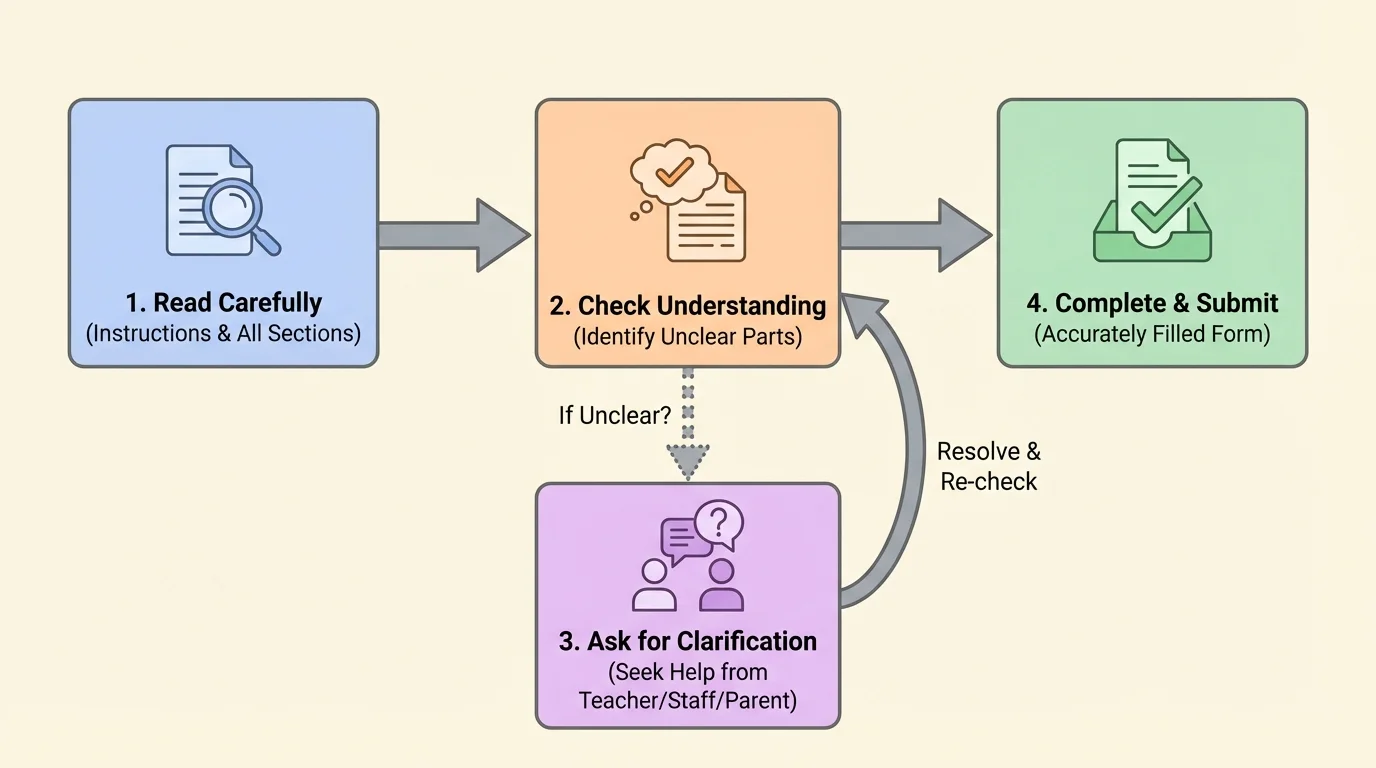 Flowchart showing Read, Check, Ask, then Submit