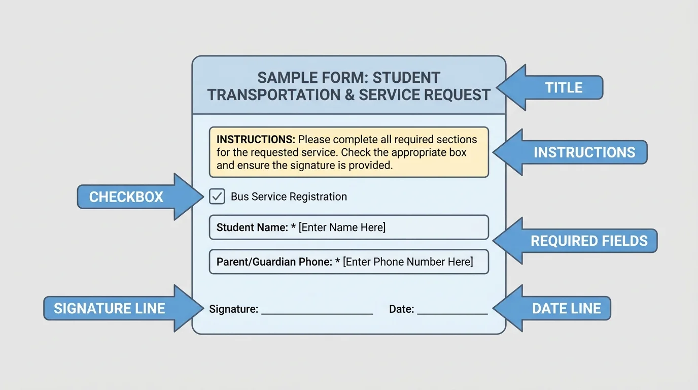 Labeled sample form with arrows pointing to title, instructions, required fields, checkbox, signature line, and date line