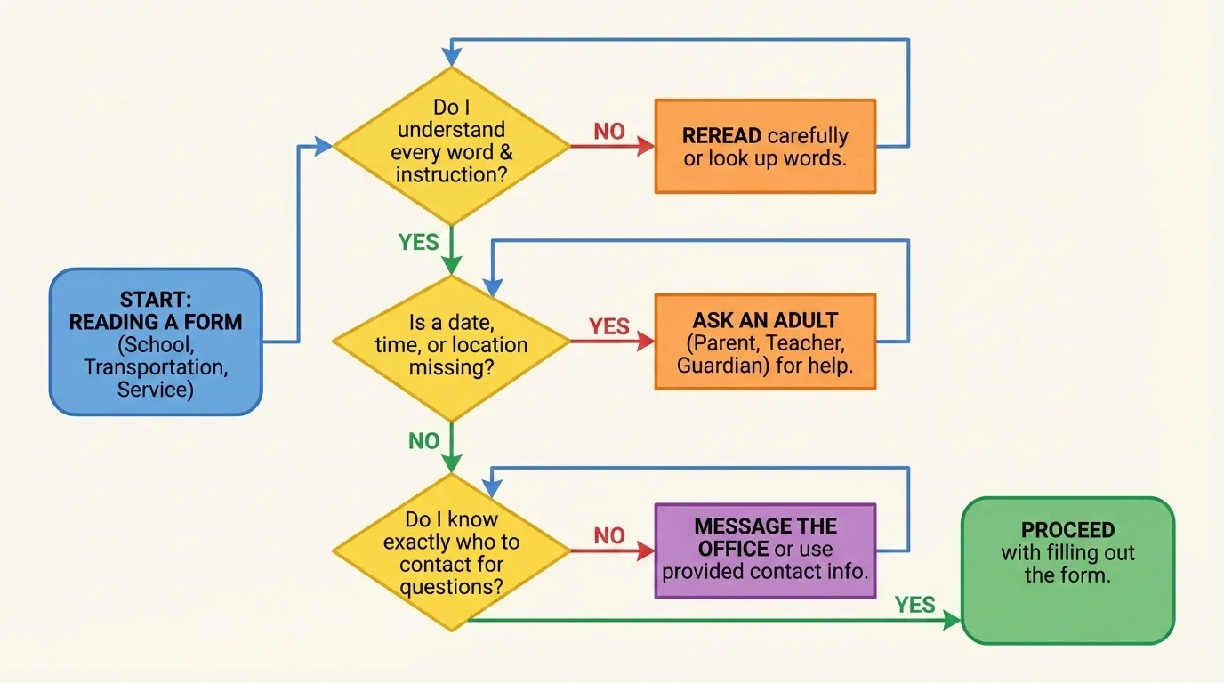 Decision tree with questions like Do I understand every word, Is a date missing, Do I know who to contact, leading to reread, ask an adult, or message the office