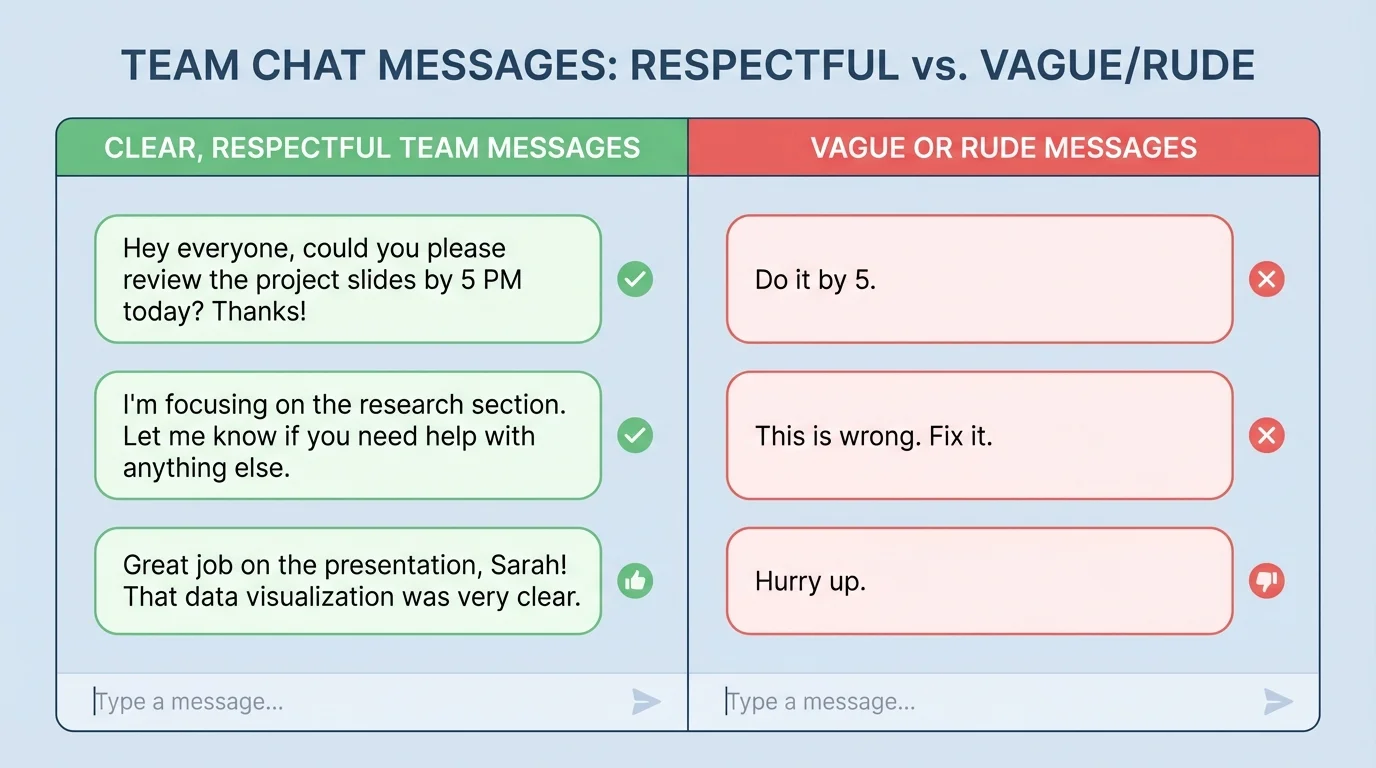chart comparing clear respectful team messages with vague or rude messages in a shared chat