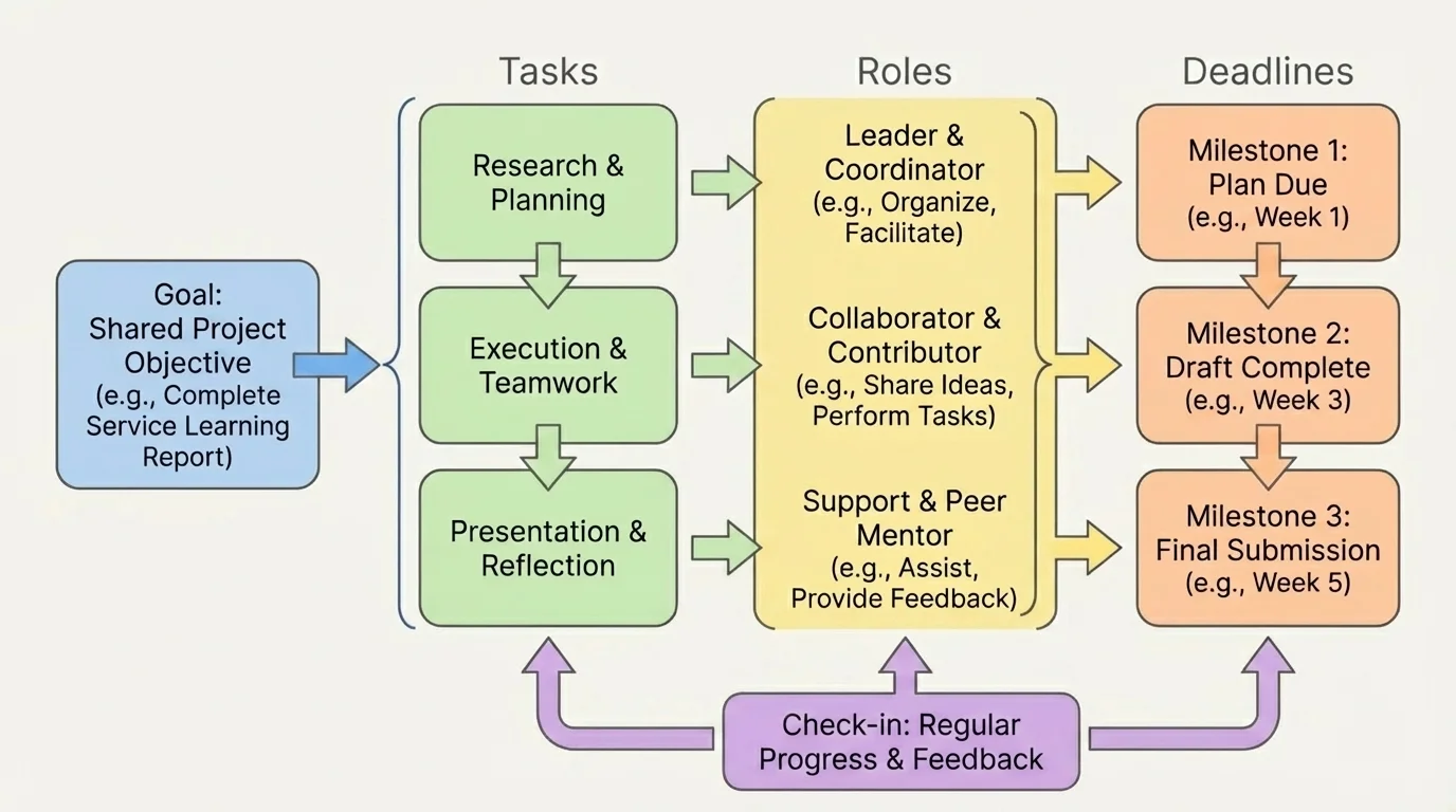 flowchart showing a group project plan with boxes labeled goal, tasks, roles, deadlines, and check-in